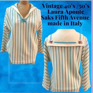 Vintage 40’s /50’s - nautical - Italian wool sweater- aqua & cream  stripe - M/L